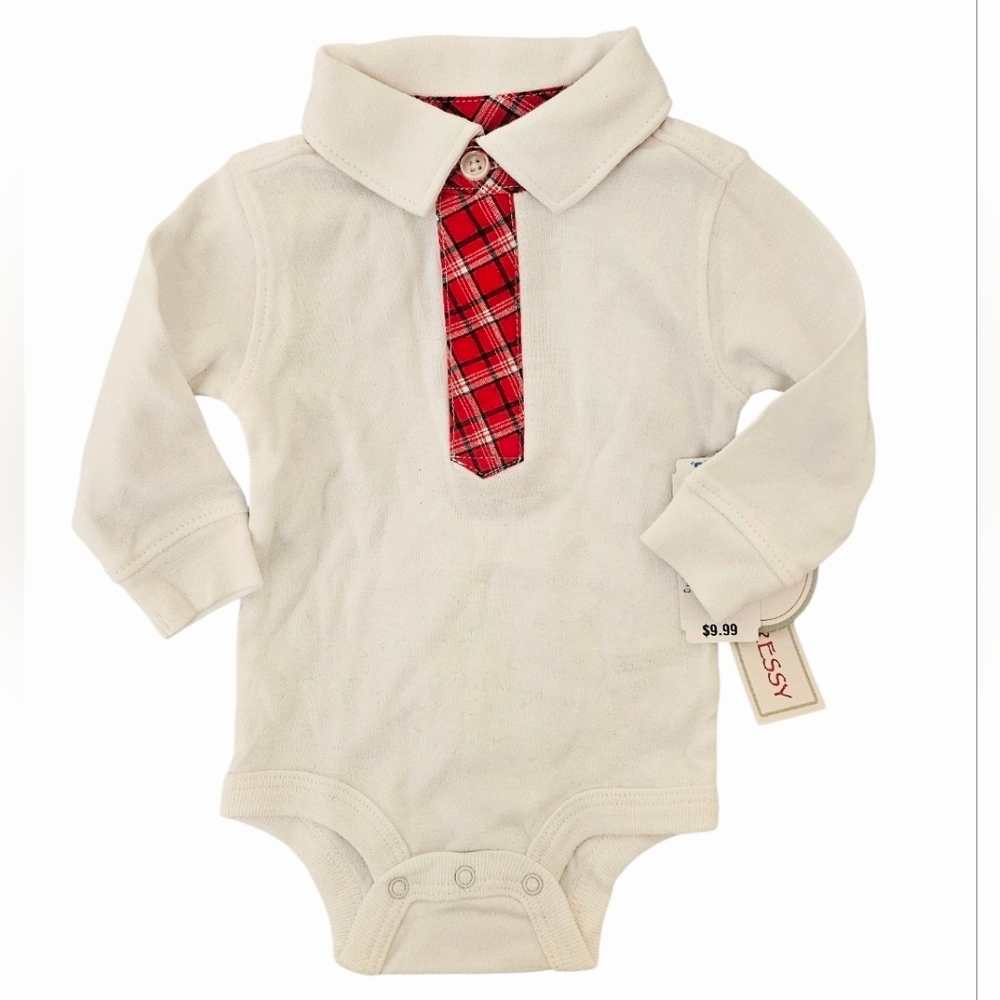 NWT Koala Baby Boys Holiday Festive White Red Plaid Bodysuit, Size 3 Mos.